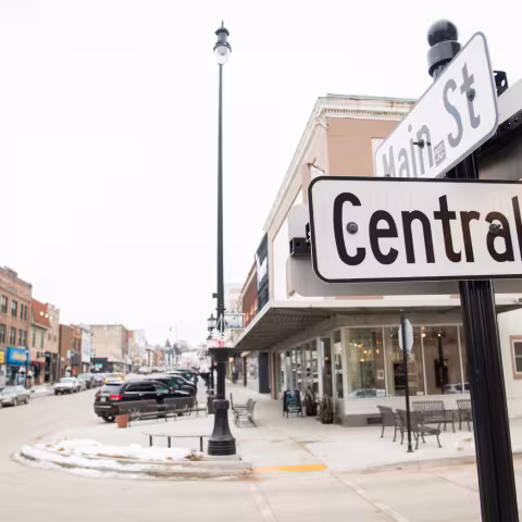 fisheye view of street sign in downtown Grand Forks, ND