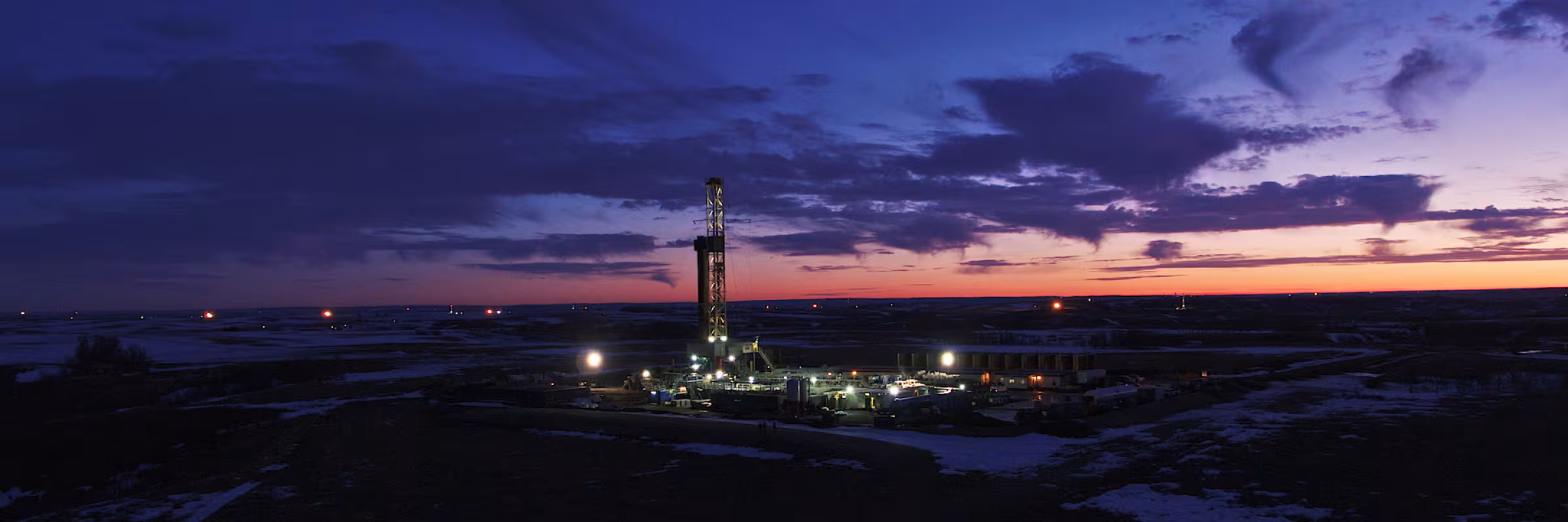 Oil rig at night in North Dakota