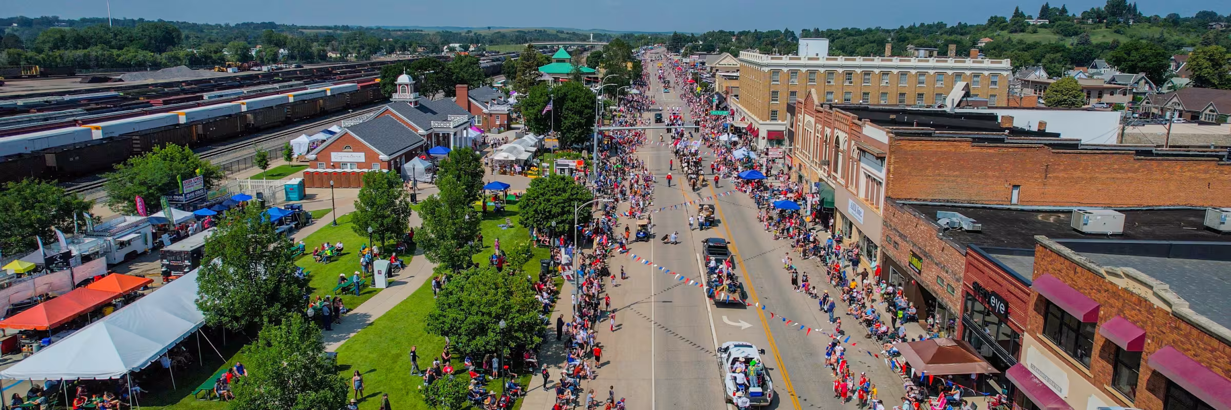 aerial view of 4th of July parade in Mandan, ND