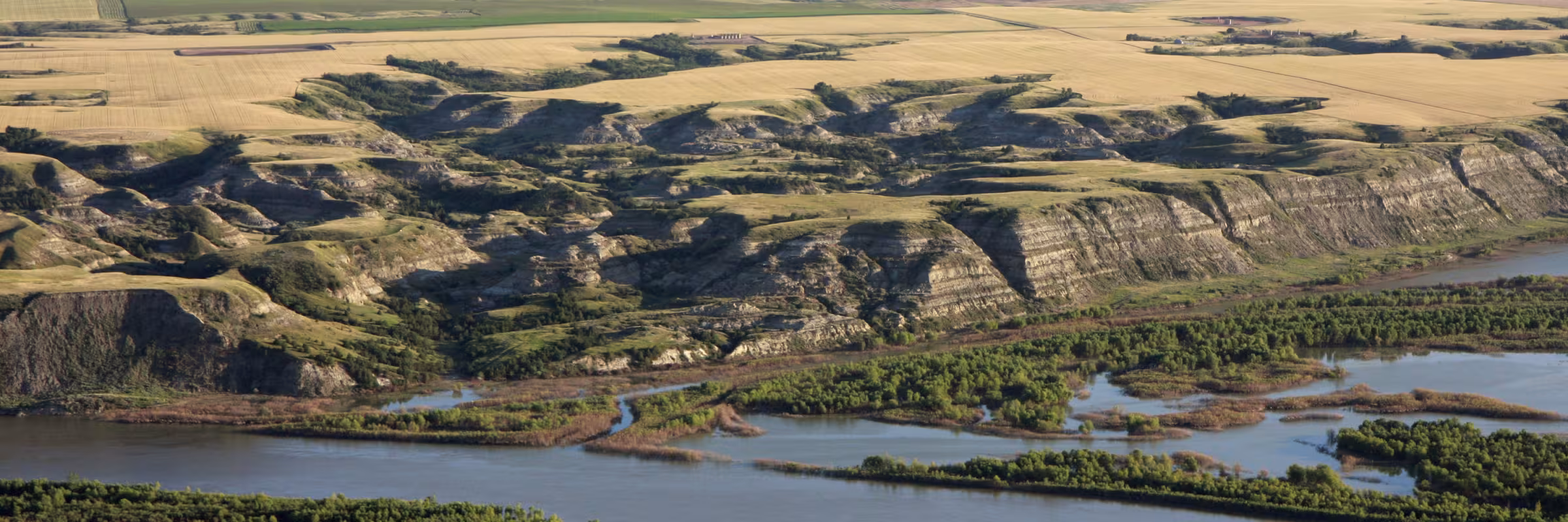 aerial view of badlands and prairie